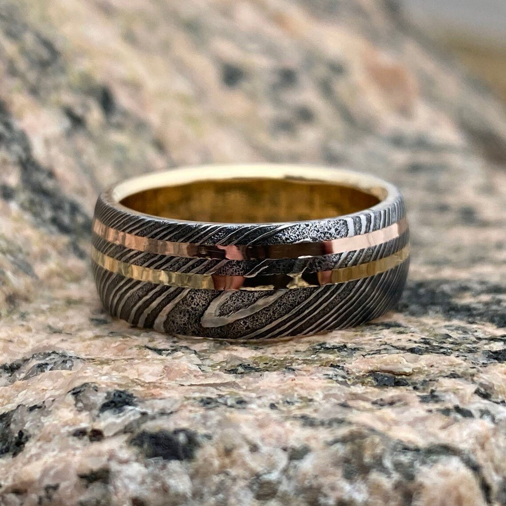 8mm Wide Damascus Steel Ring with Dual 14k Rose & Yellow Gold Off Center Grooves and a 14k Solid Gold Sleeve