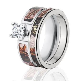 Mossy Oak Pink Break Up Camo Bridal Set, Womens Camo Ring Sets