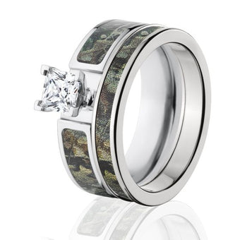 Timber Camo Bridal Set, Womens Camouflage Wedding Ring Set