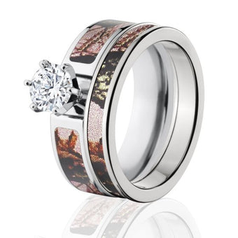 Mossy Oak Pink Break Up Camo Bridal Set, Womens Pink Camo Ring Set