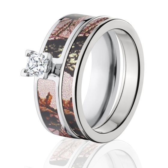 Mossy Oak Pink Break Up Camo Bridal Set, Pink Camo Ring Sets