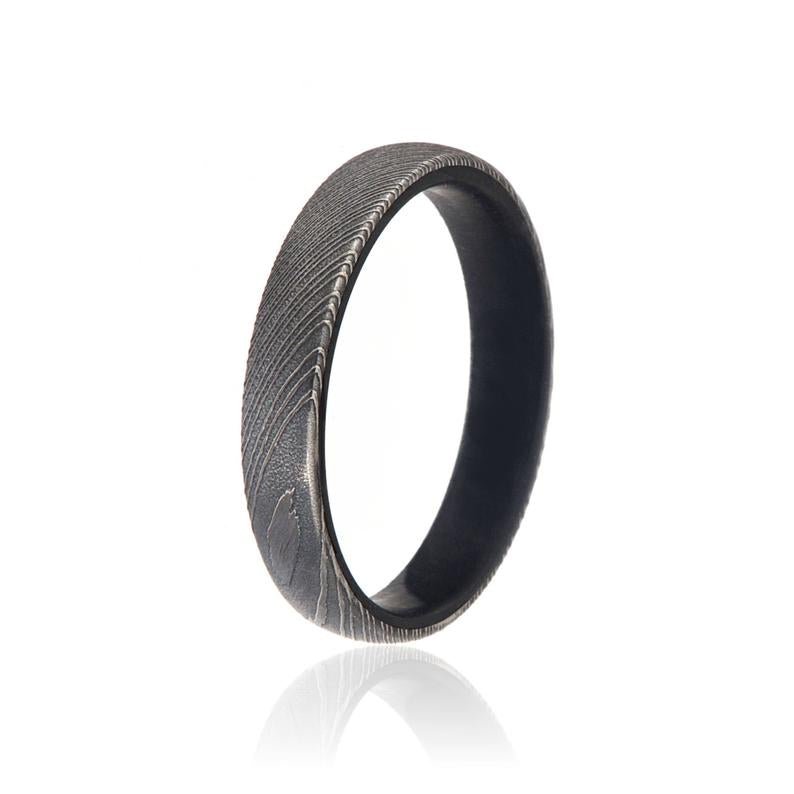 4mm Wide Damascus Steel Ring with African Black Wood Sleeve