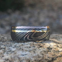 8mm Damascus Steel Ring with Dual 14k Yellow Gold & Rose Gold Off Center Grooves and a Arizona Ironwood Sleeve