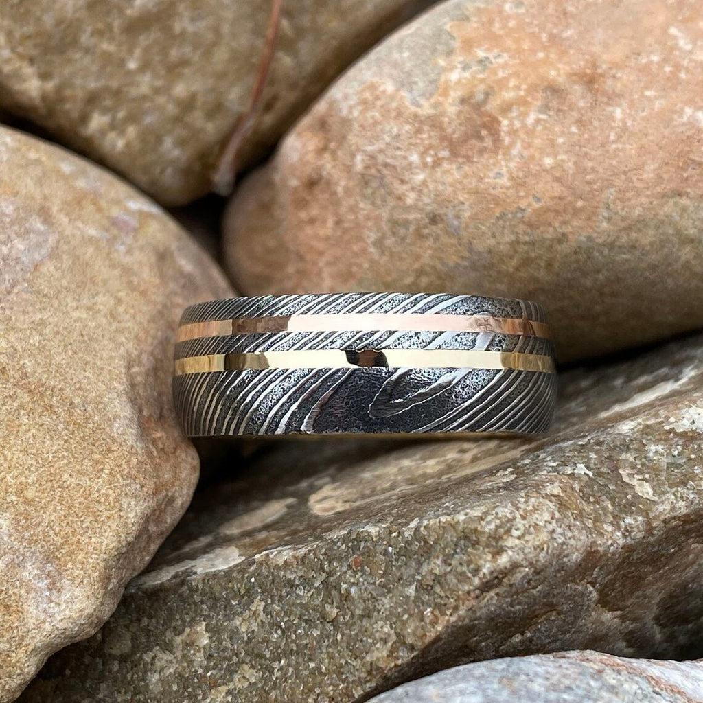 8mm Wide Damascus Steel Ring with Dual 14k Rose & Yellow Gold Off Center Grooves and a 14k Solid Gold Sleeve