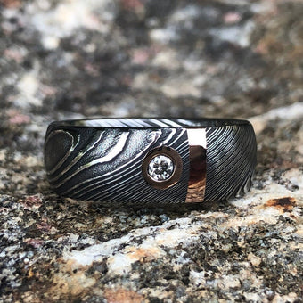 8mm Wide Damascus Steel Band with 14k Solid Rose Gold Inlay And Genuine Diamond