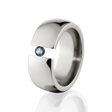 Blue Topaz 8mm Band, Blue Topaz Tension Set Ring, Tension Set Titanium Ring