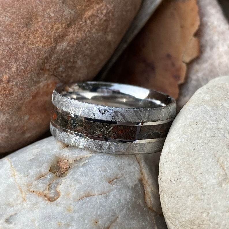 Meteorite Ring Wedding Band w/ Dinosaur Bone And Obsidian Center Inlay USA Made