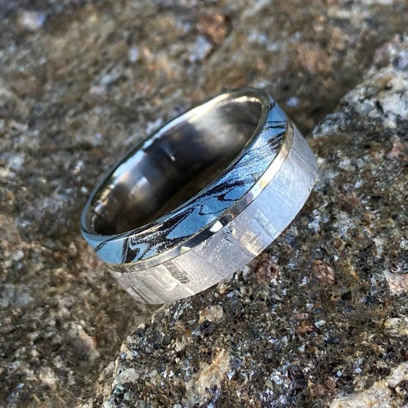 8mm Gibeon Meteorite Wedding Ring w/ Cobaltium Mokume and 14k White Gold - Authentic Genuine Meteorite Bands