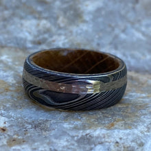 Damascus Steel Ring with 14K White Gold inlay and Whiskey Barrel Sleeve