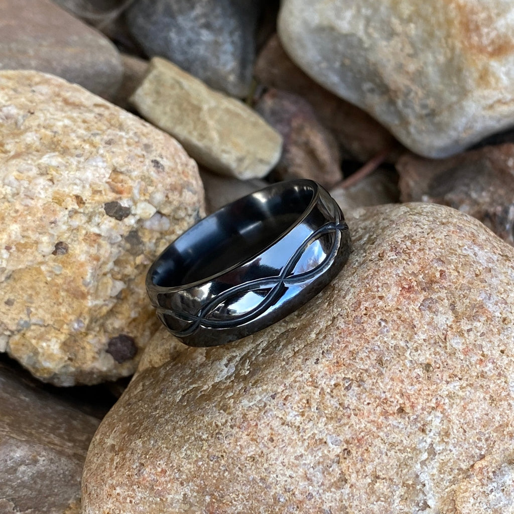 8mm Black Titanium Mens Ring - Mens Wedding Band with Infinity Design