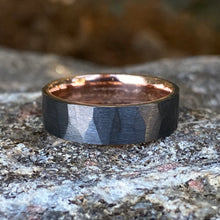 6mm Black Zirconium Mens Ring with 14k Rose Gold Sleeve - Hammered Finish - Mens Wedding Bands - Black Ring - Mens Wedding Ring