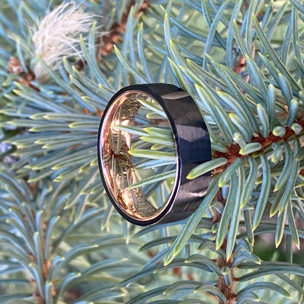 6mm Black Zirconium Mens Ring with 14k Rose Gold Sleeve - Hammered Finish - Mens Wedding Bands - Black Ring - Mens Wedding Ring
