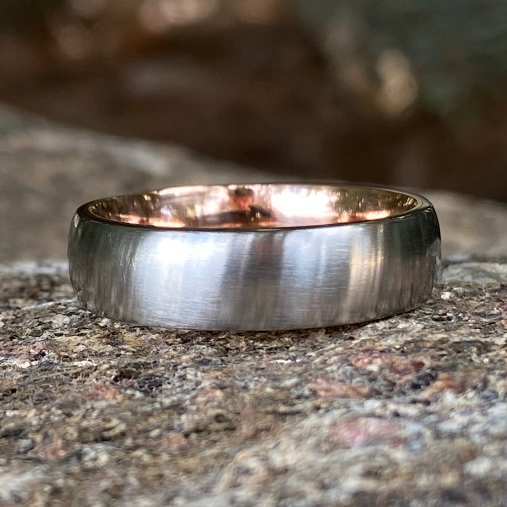 Cobalt Mens Wedding Ring with 14k Rose Gold Sleeve - 6mm Mens Wedding Bands with Brushed Finish - Unique Two Tone Rings