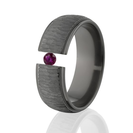 Ruby, Tree Bark, Tension, Black Zirconium Ring