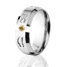 Yellow CZ Tension Set Ring, Animal Track, 8mm Titanium Ring