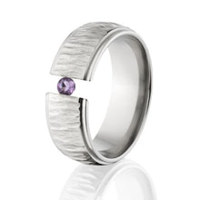 Amethyst Tension Set Ring, Titanium Rings, Tree Bark