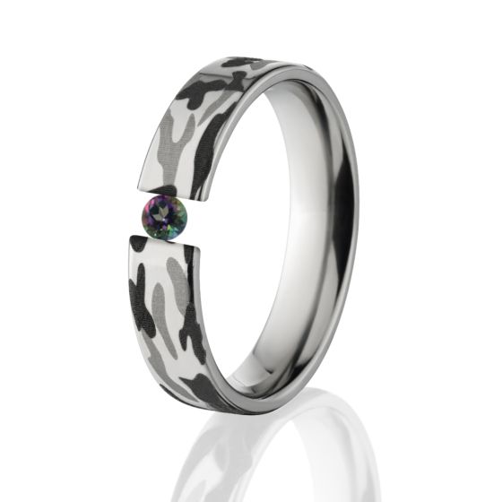 5mm Titanium Camo Ring, Mystic Topaz, Tension Set Ring