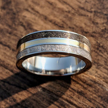 Meteorite Ring with 14k Gold and Dinosaur Fossil Inlay, Custom Made 14k Gold Meteorite Wedding Band