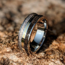 Meteorite Ring with 14k Gold and Dinosaur Fossil Inlay, Custom Made 14k Gold Meteorite Wedding Band