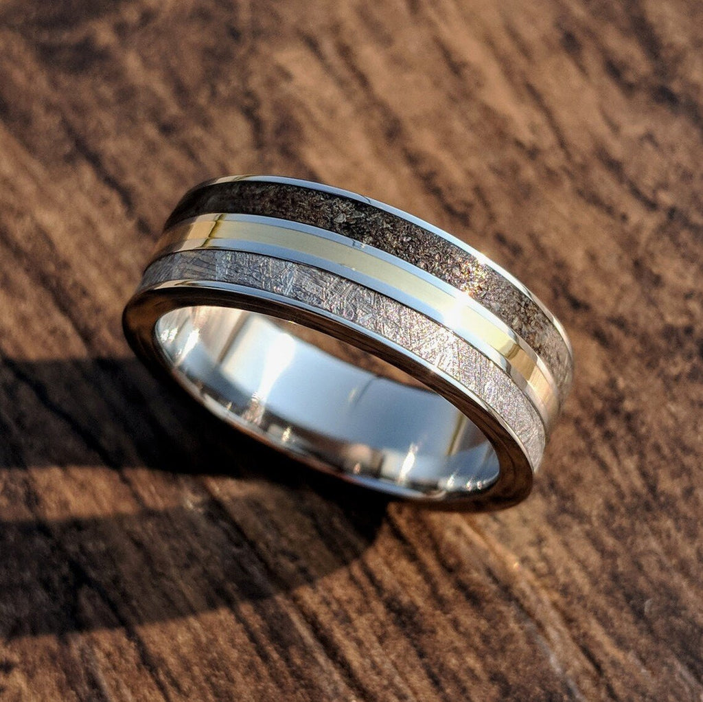 Meteorite Ring with 14k Gold and Dinosaur Fossil Inlay, Custom Made 14k Gold Meteorite Wedding Band