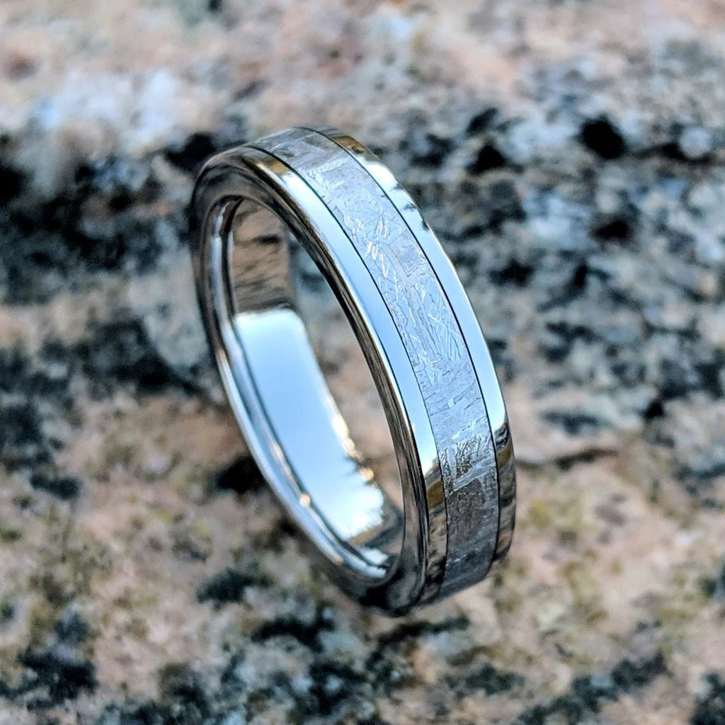 4mm Authentic Meteorite Wedding Band with Cobalt Chrome Sleeve - Authentic Gibeon Meteorite Rings