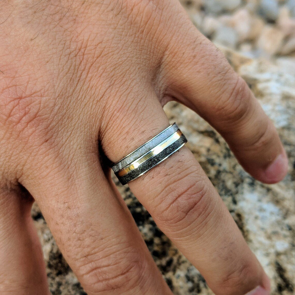 Meteorite Ring with 14k Gold and Dinosaur Fossil Inlay, Custom Made 14k Gold Meteorite Wedding Band