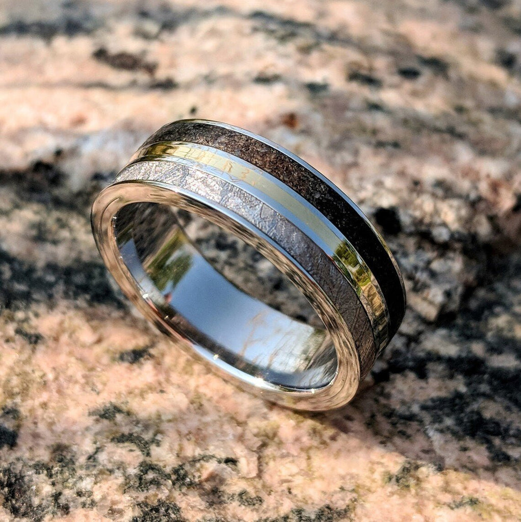 Meteorite Ring with 14k Gold and Dinosaur Fossil Inlay, Custom Made 14k Gold Meteorite Wedding Band