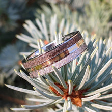 Meteorite Ring with 14k Gold and Dinosaur Fossil Inlay, Custom Made 14k Gold Meteorite Wedding Band