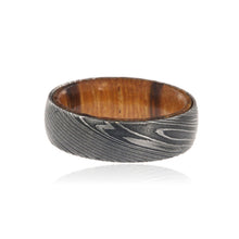 Damascus Steel Ring with Marble Wood Sleeve Damascus Bands USA