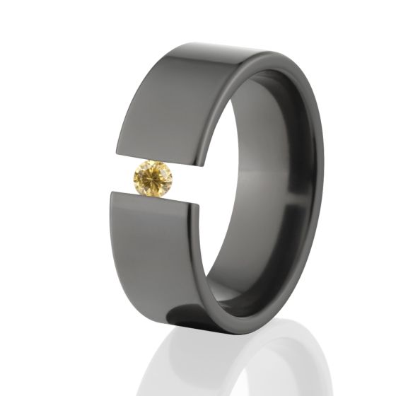 Yellow CZ, Flat Cut Ring, Black Tension Set Ring, 8mm